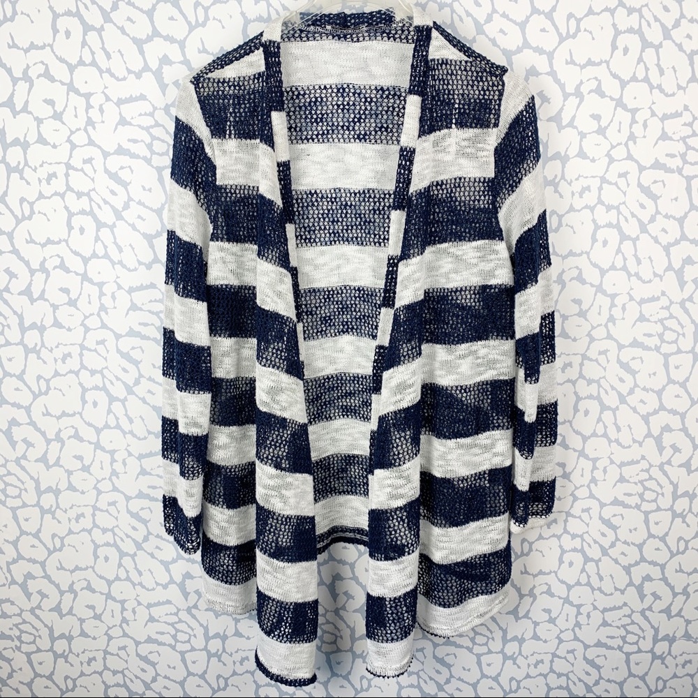 Striped Open-Front Cardigan Sweater - Navy & White